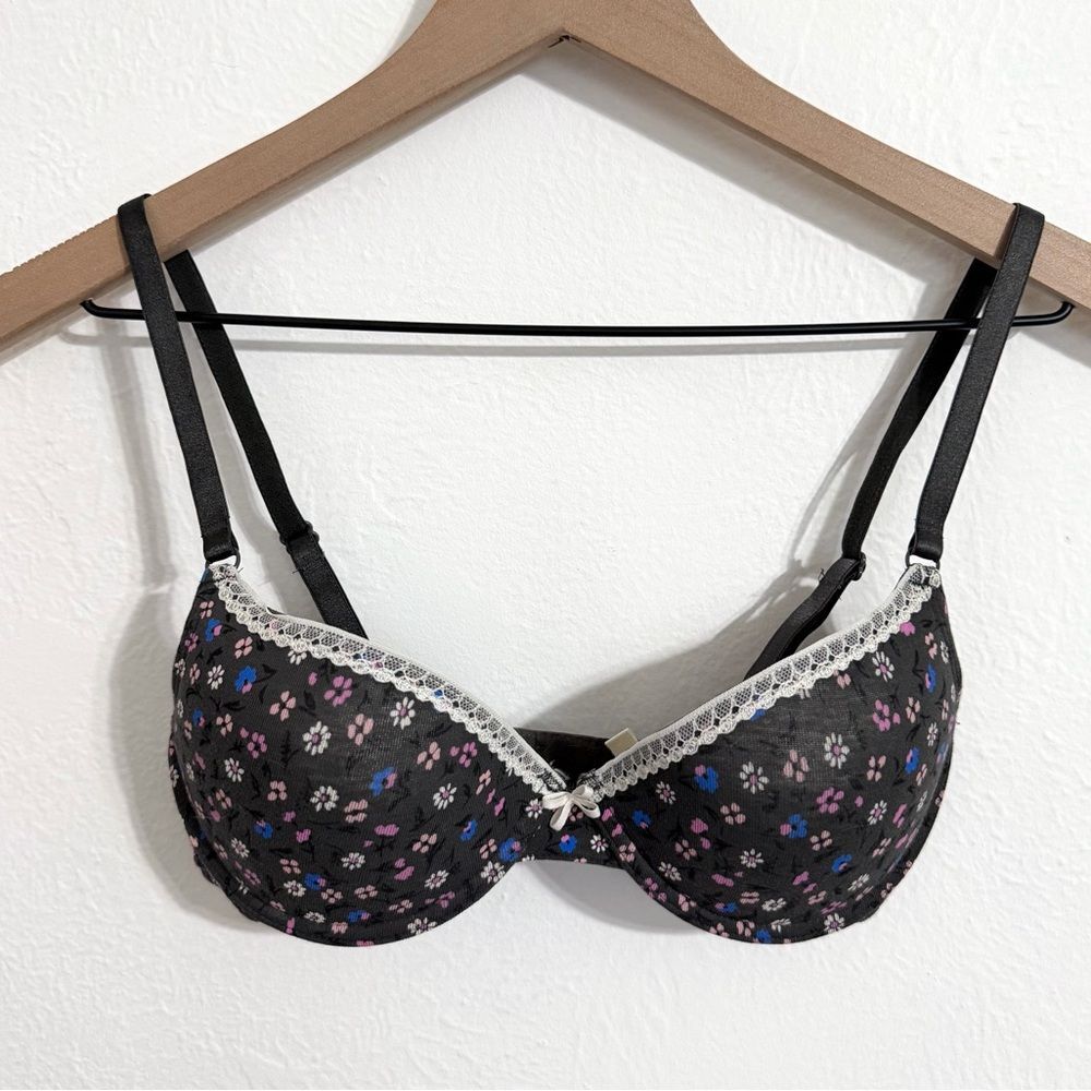 aerie paige cotton light lift push-up bra, gray floral with lace trim, size 34B